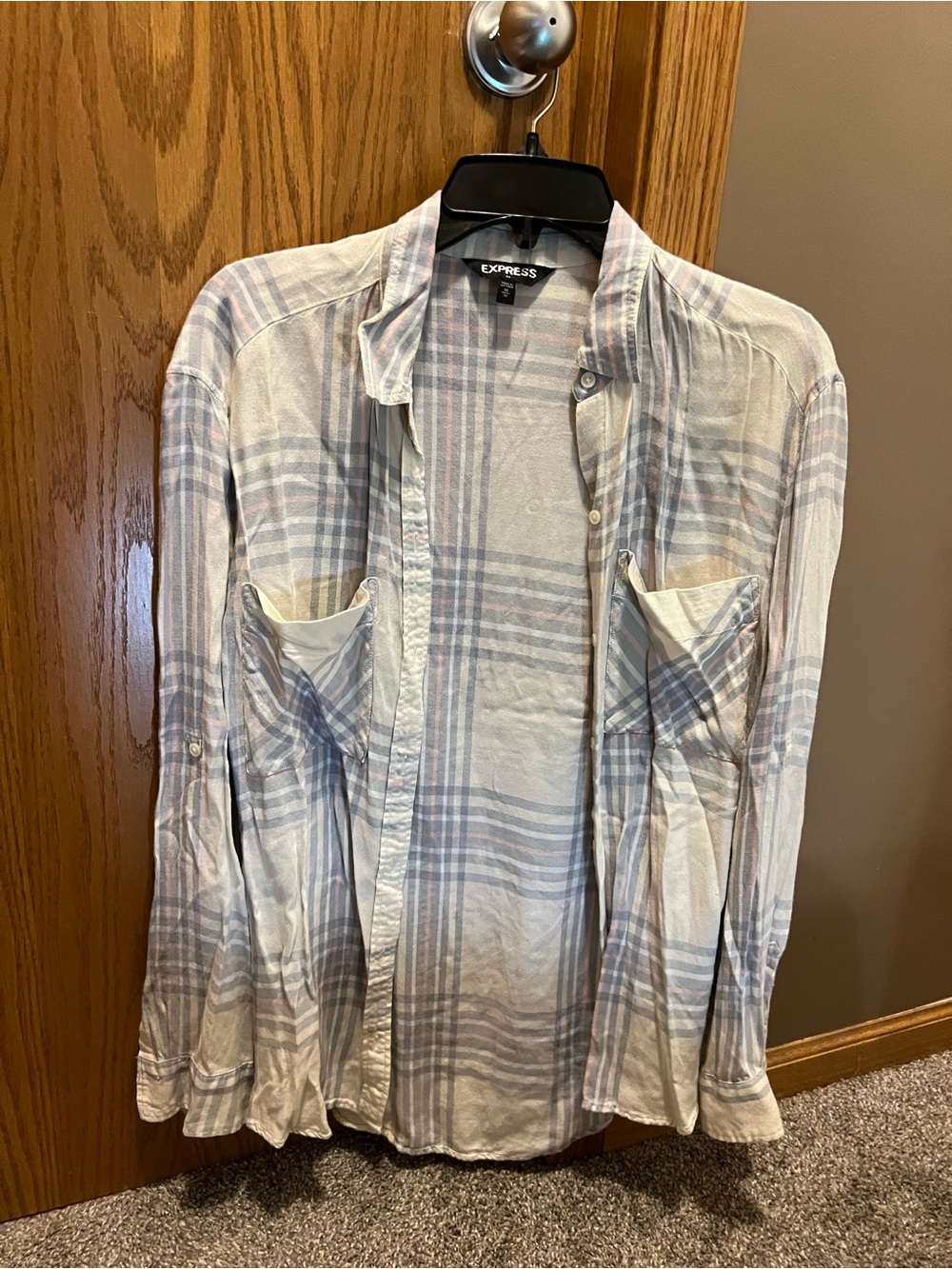 Express Women's Light Gray Plaid Button-Up Shirt